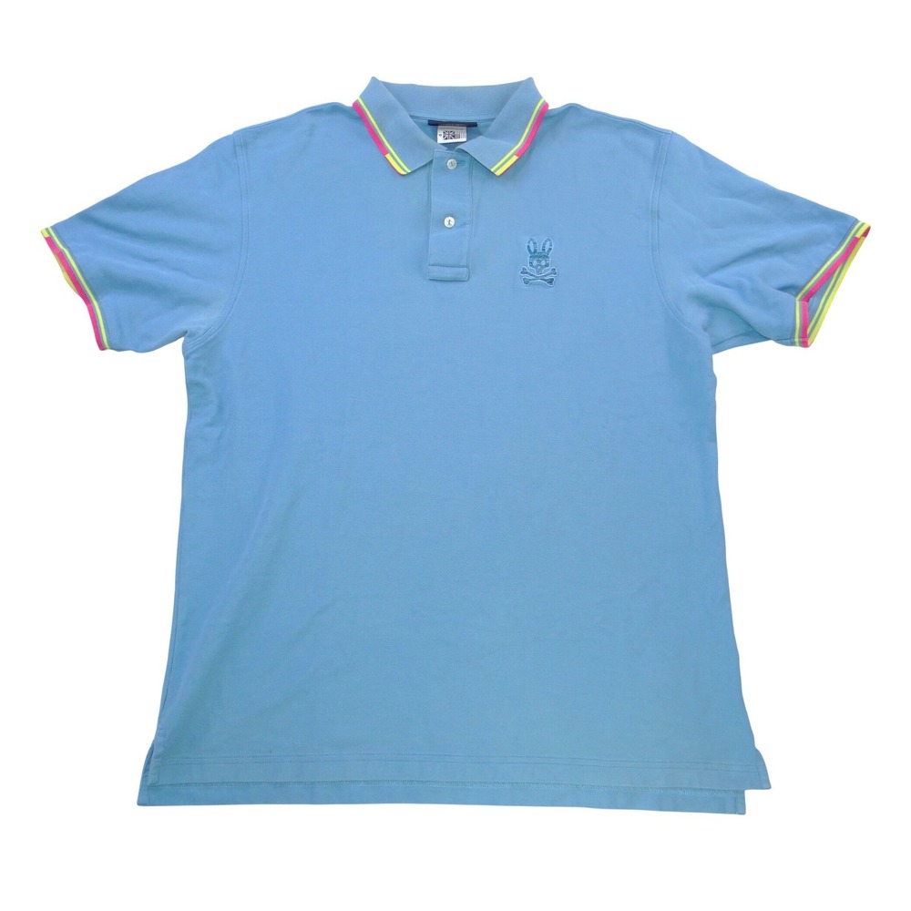 Psycho Bunny Mens Blue Polo Shirt Embroidered Bunny Skull Logo Trim Size‎ 8